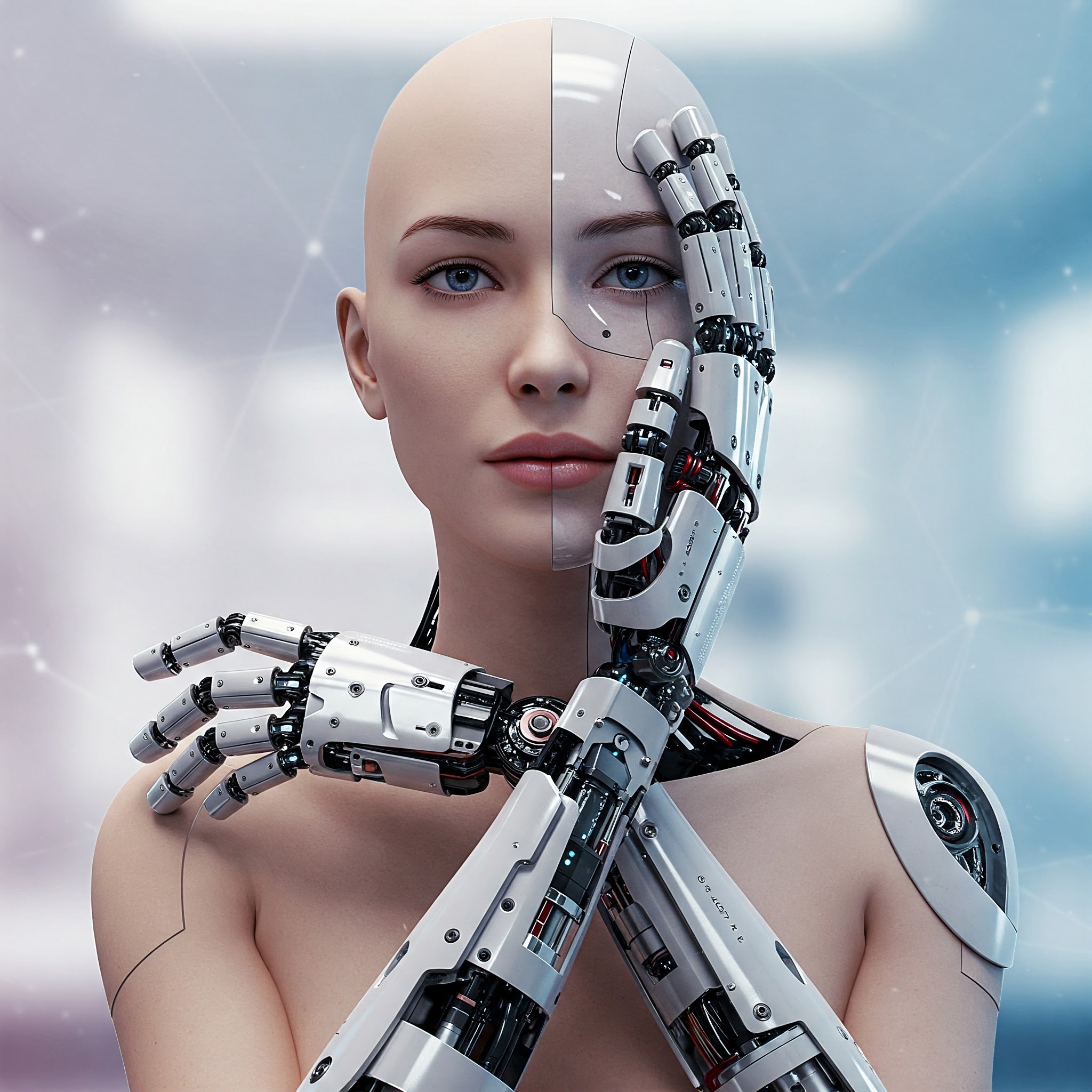 AI-gegenereerde afbeelding: een vrouwelijk gezicht dat voor de helft robot is, met robothanden.
