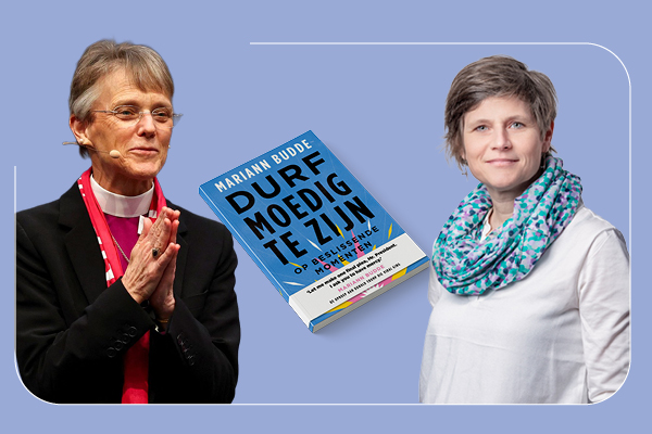 Samengesteld beeld met Marianne Budde, haar boek en Lieve Wouters
