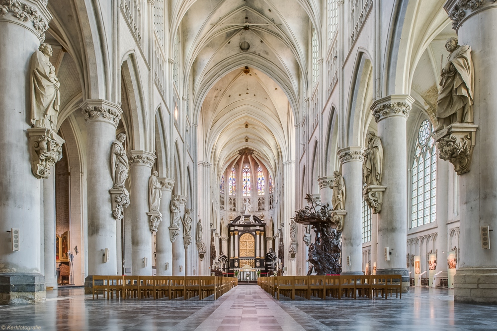 De Sint-Romboutskathedraal zal er na de binnenrestauratie veel kleurrijker uitzien. Binnenzicht in de Sint-Romboutskathedraal.