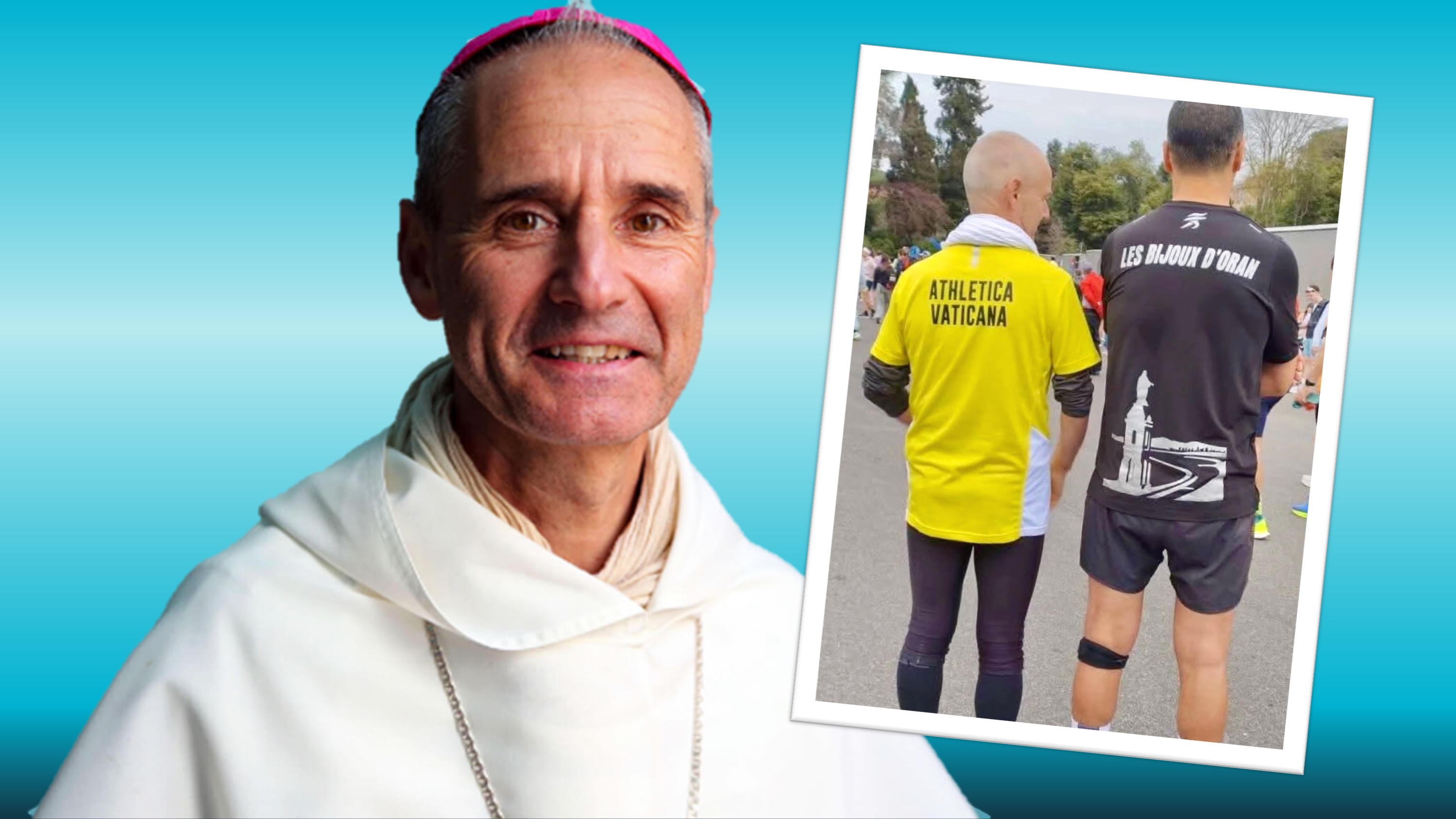 Kardinaal Vesco is een fervent loper. Hij finishte de marathon van Rome op 64-jarige leeftijd in 3 uur en 36 minuten. Kardinaal Vesco in dominicanenpij en in outfit Athletica Vaticana naast medeloper Khaled.