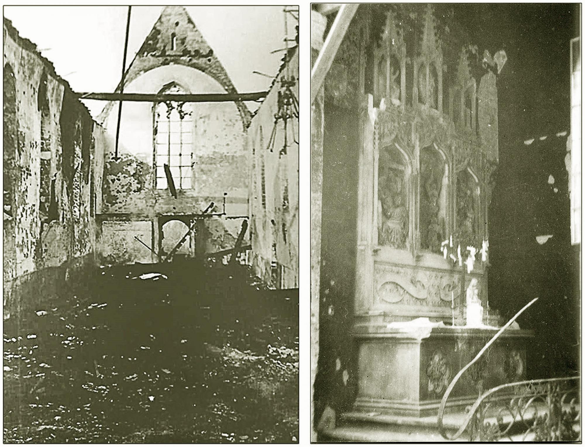 De middenbeuk en het altaar O.L.V. van Kerselare (gedeeltelijk gespaard gebleven)