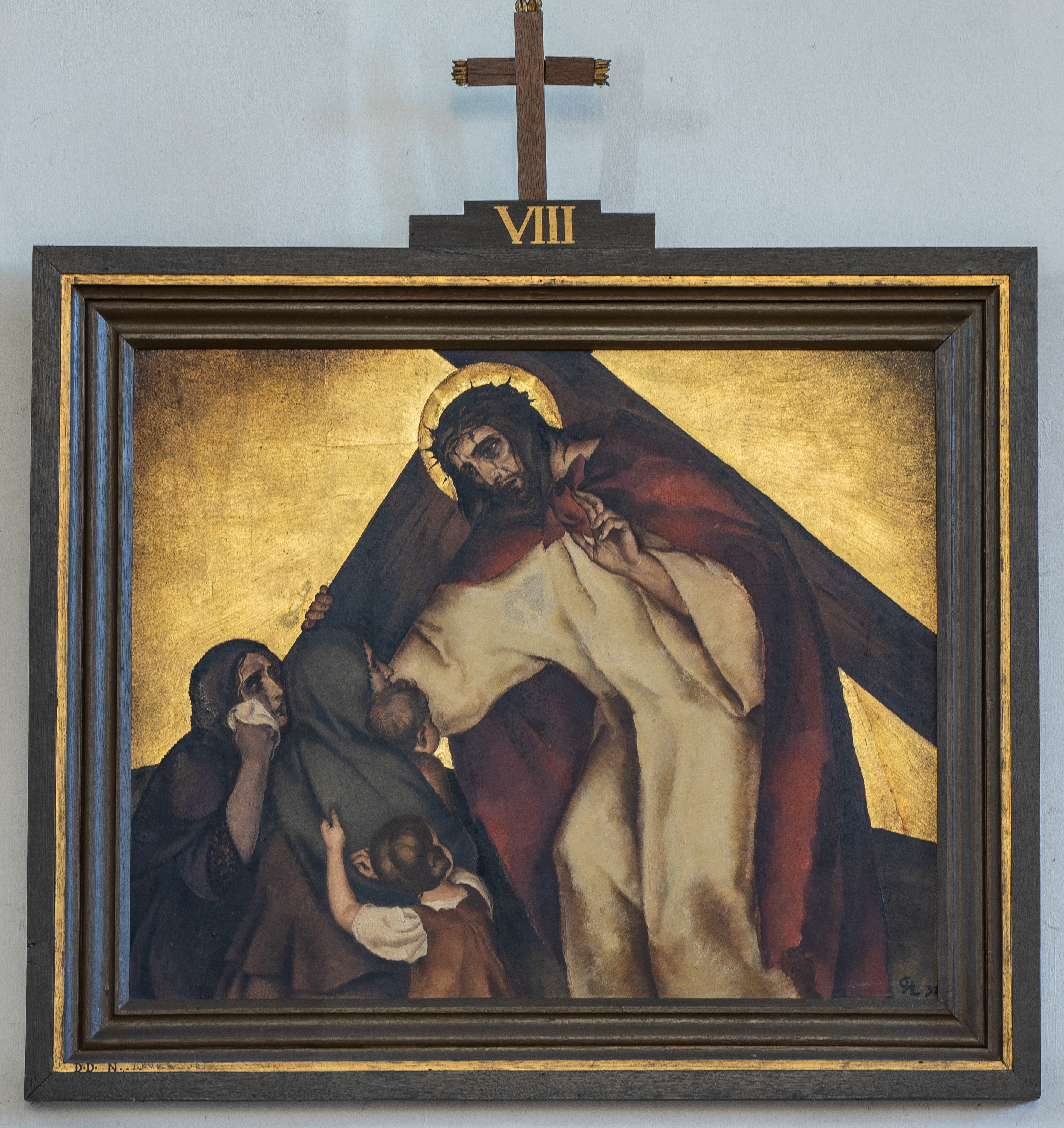 Kruiswegstatie van Jozef Colruyt (1900-1988). Kruiswegstatie van Jozef Colruyt (1900-1988). Jezus troost huilende vrouwen en kinderen.