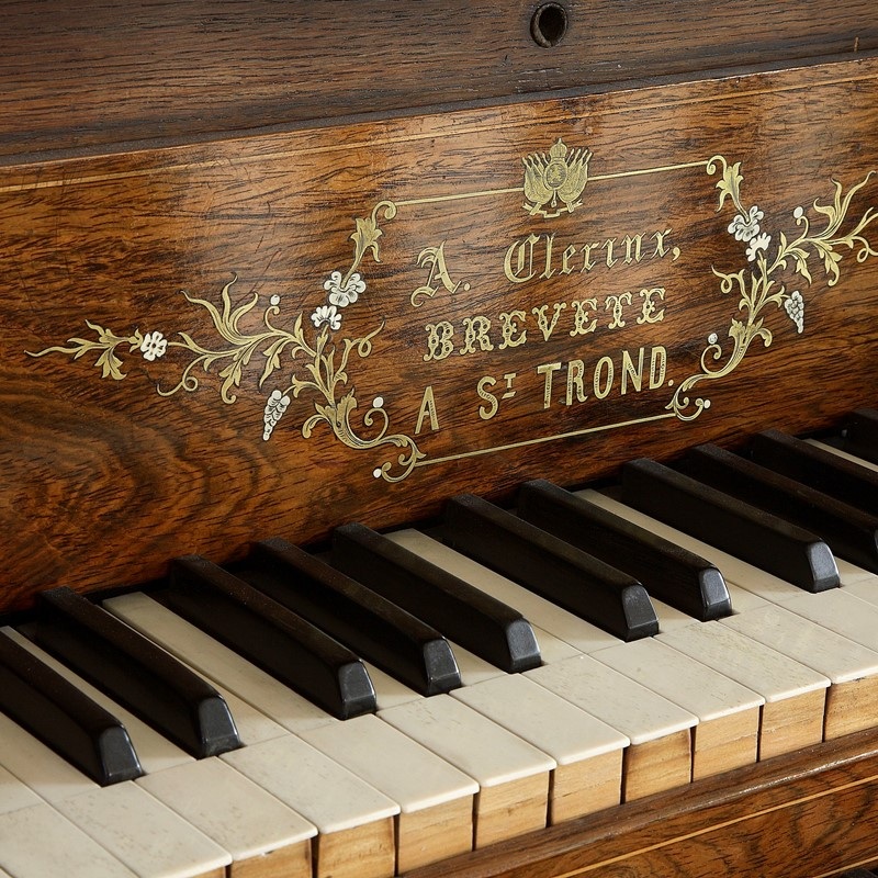 Het afgebeelde instrument is een historisch toetsinstrument te zijn, zoals een vierkante piano (piano carré) of een soortgelijk instrument met de inscriptie "A. Clerinx, Breveté à S.-Trond" (Arnold Clerinx, orgel- en instrumentbouwer uit Sint-Truiden).