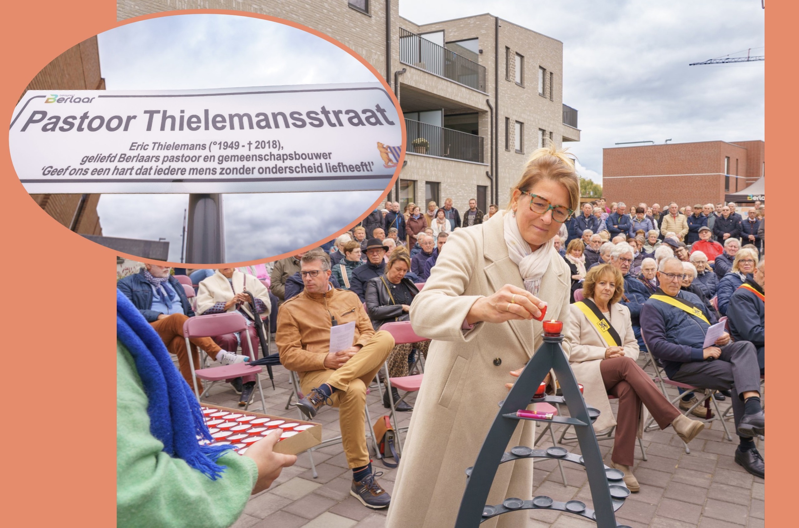 Foto van iemand die een kaarsje aansteekt tijdens het gedenkmoment en van het straatnaambord