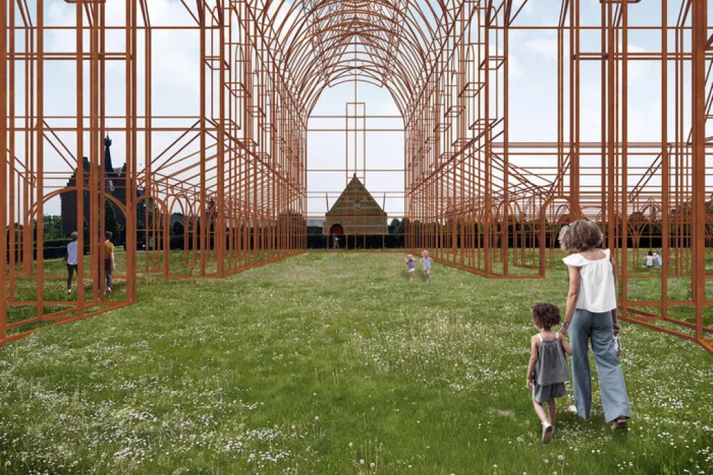 Virtueel beeld van moeder en kind die door de doorkijkkerk van Abdij Herkenrode wandelen. 