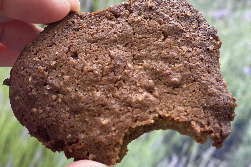 Lekker: krachtkoek van Hildegard van Bingen. Krachtkoekje van Hildegard van Bingen met een eerste hap eruit!
