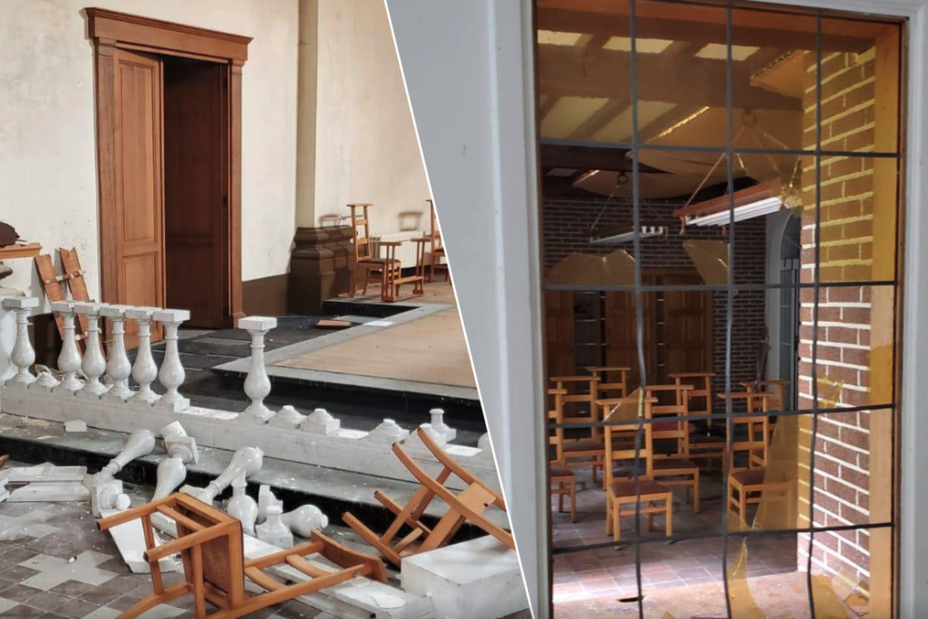Een marmeren balustrade werd kapotgeslagen, glas-in-loodramen vernield. 