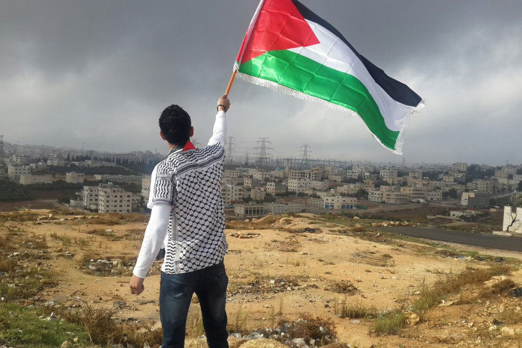 Kind zwaait met Palestijnse vlag terwijl het uitkijkt over een verwoest Gaza.