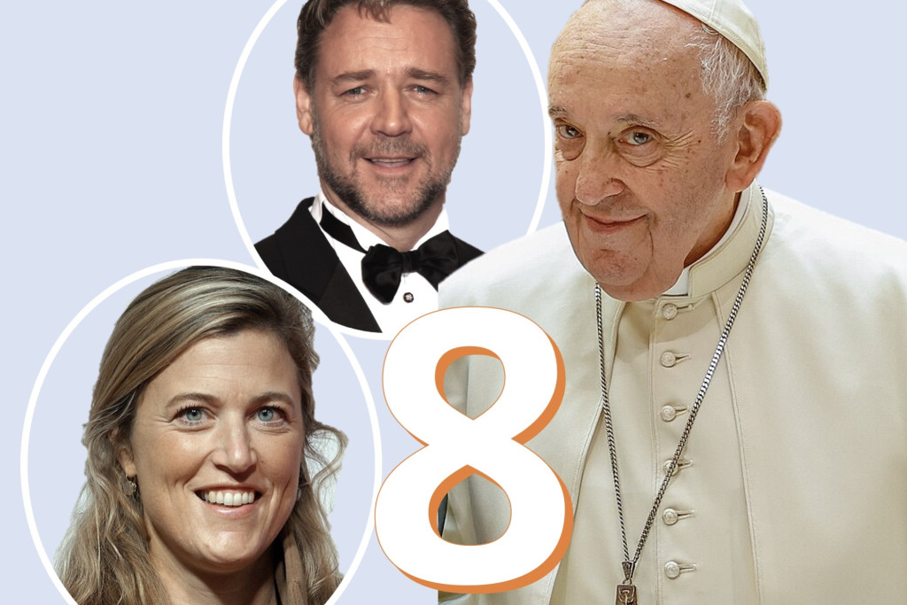 Collage met Annelies Verlinden, Russel Crowe en paus Franciscus.