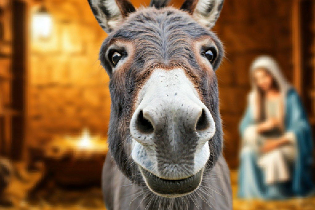 Hier ben ik, de ezel van de kerststal. That's me. AI-gegenereerde afbeelding van een ezel in close-up met de kerstfiguren op de achtergrond.