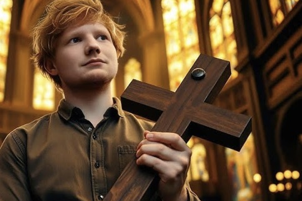 AI-gegenereerd beeld van Ed Sheeran in comic-stijl, in een kerk met een groot kruis in de handen