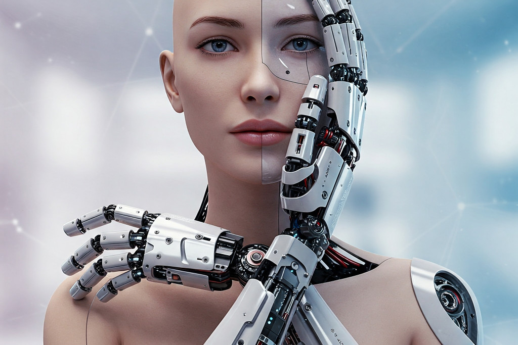 AI-gegenereerde afbeelding: een vrouwelijk gezicht dat voor de helft robot is, met robothanden.