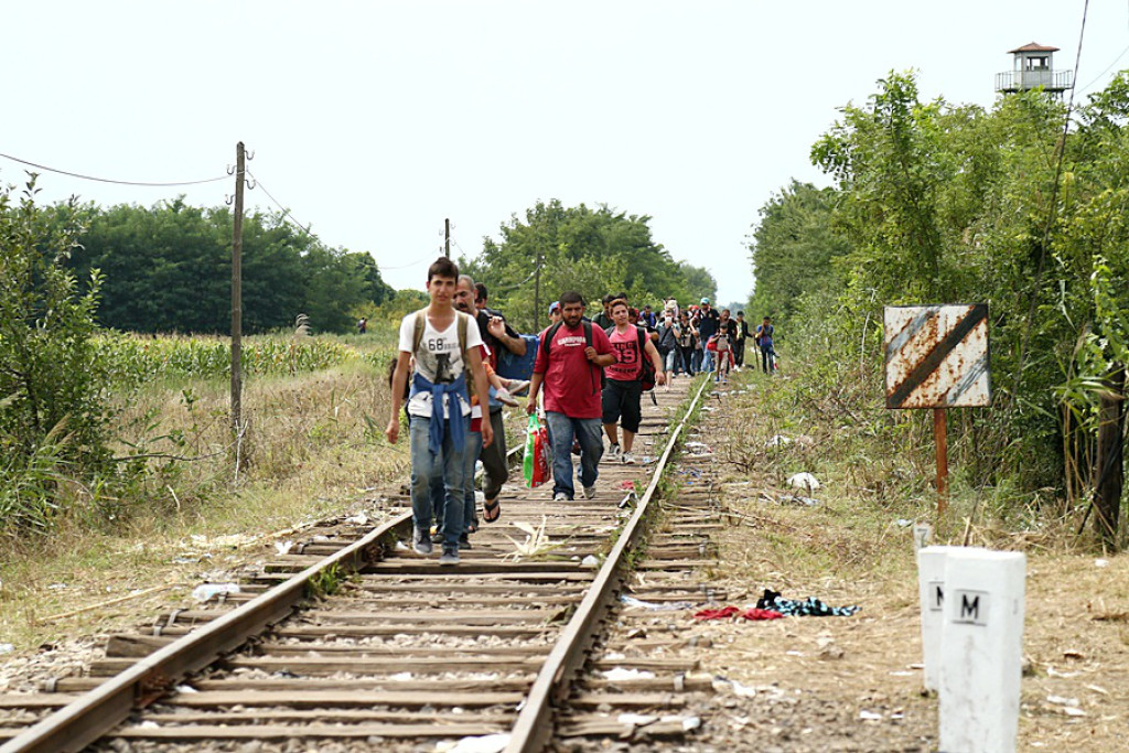 Migranten onderweg in Hongarije in 2015 nabij de Servische grens