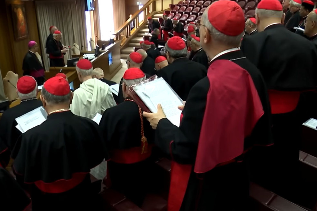 Kardinalen tijdens hun eerste algemene congregatie van 22 april 2025 in de synodehal van het Vaticaan