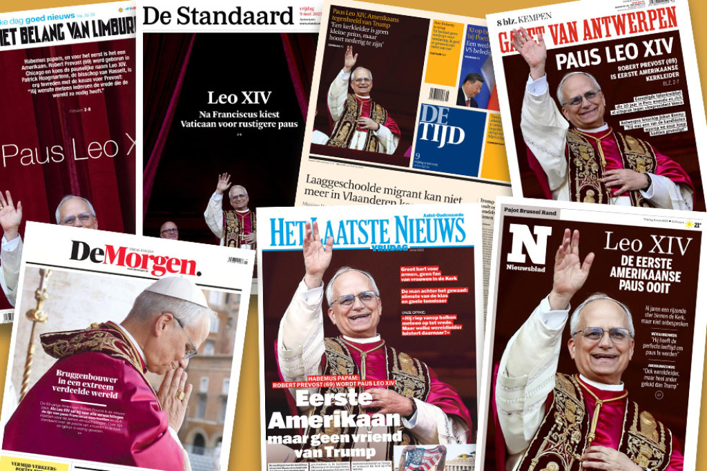 Voorpagina's van de kranten op vrijdag 9 mei 2025, daags na de verkiezing van kardinaal Prevost tot paus Leo XIV