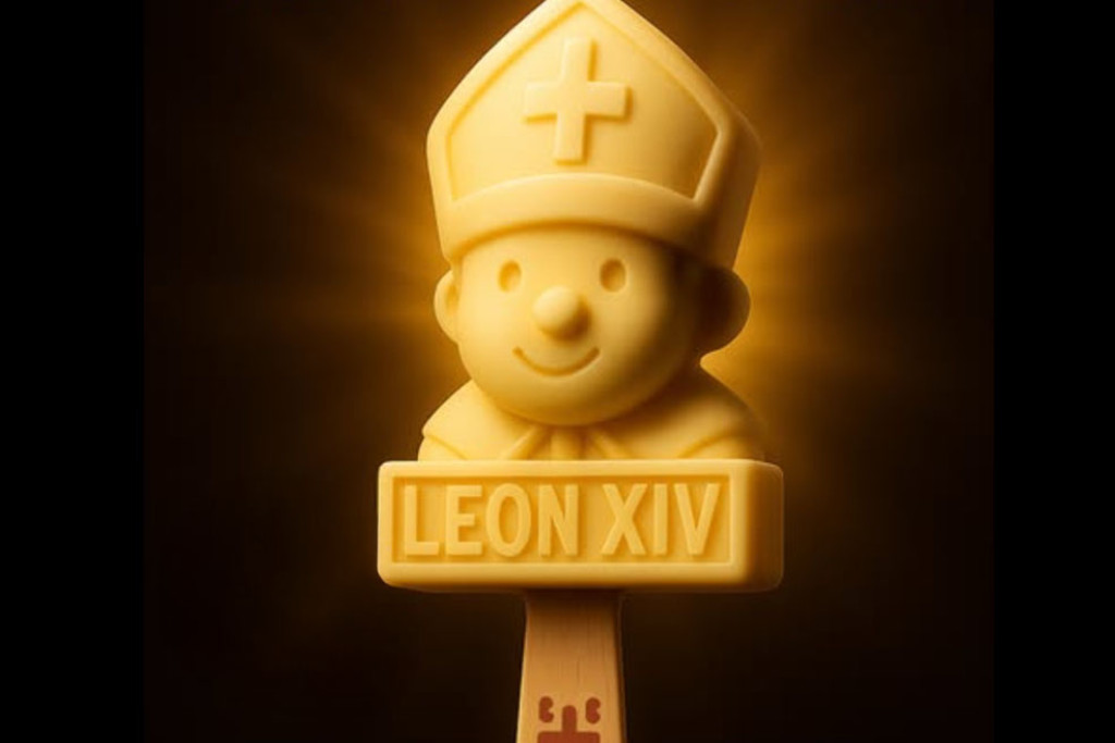 Het pausijsje heeft een laagje knapperige witte chocolade