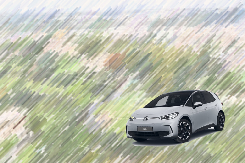 Volkswagen elektrisch model tegen gearceerde achtergrond van Vaticaanstad