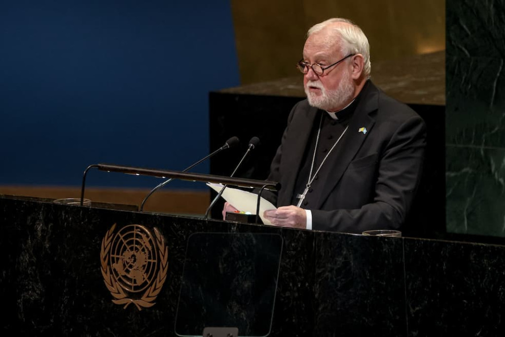 Aartsbisschop Paul Richard Gallagher spreekt op 29 september 2025 tijdens de 80ste Algemene Vergadering van de VN in New York