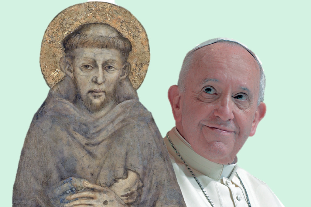 In een nieuw boek is het alsof je de stem van paus Franciscus opnieuw hoort. Voor het eerst en postuum heeft hij het uitgebreid over zijn persoonlijke band met zijn naamheilige. Paus Franciscus kijkt op naar de heilige Franciscus - collage.