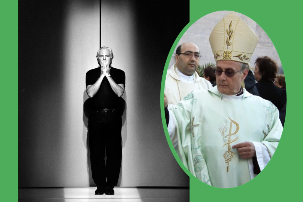 Foto van Giorgio Armani in zwart-wit, inzet met bisschop in Armani-kazuifel.