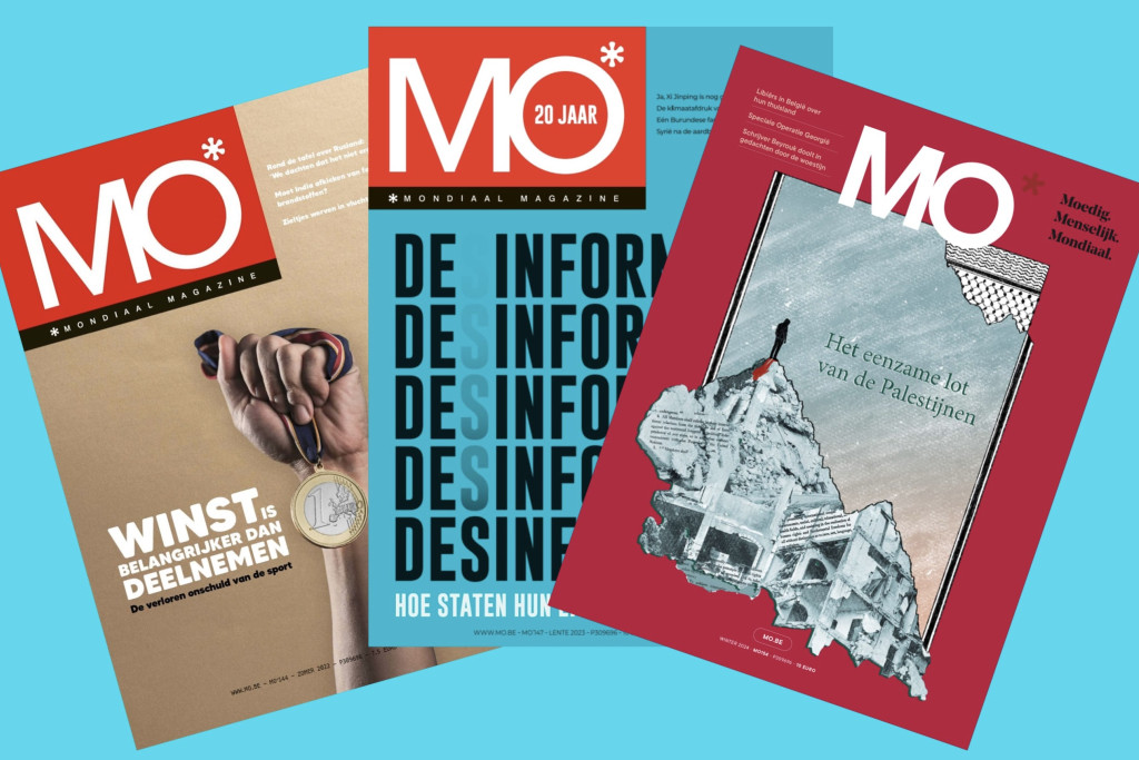 Drie edities van Mo*, onder meer met opschrift 'Desinformatie'.