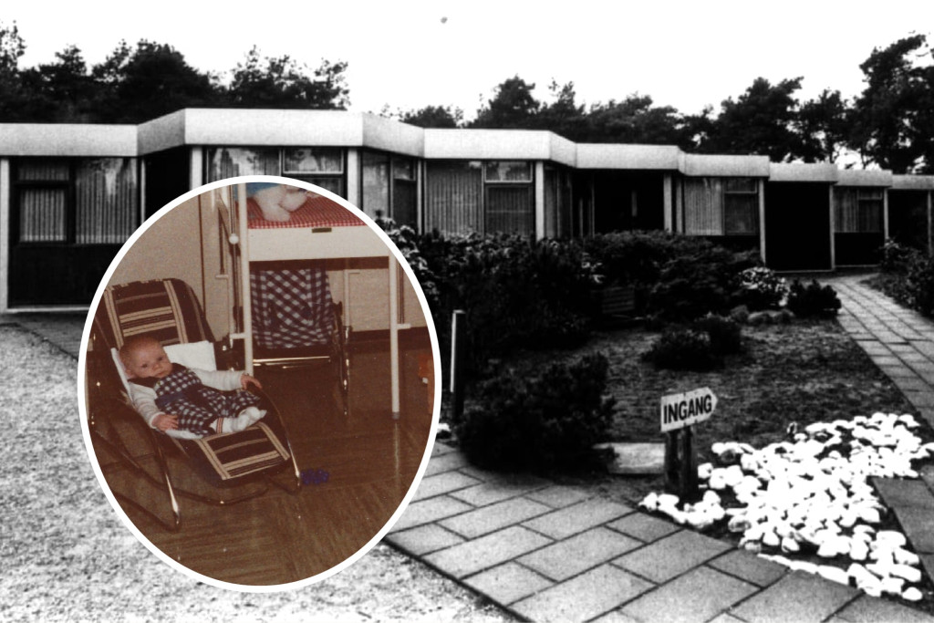 Zwart-wit foto van opvangcentrum Tamar met inzet van oude foto van baby in een wipstoeltje.