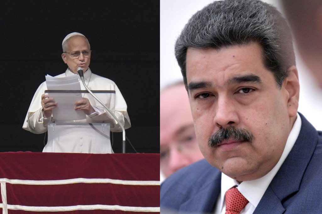 portretten van Leo XIV en Maduro