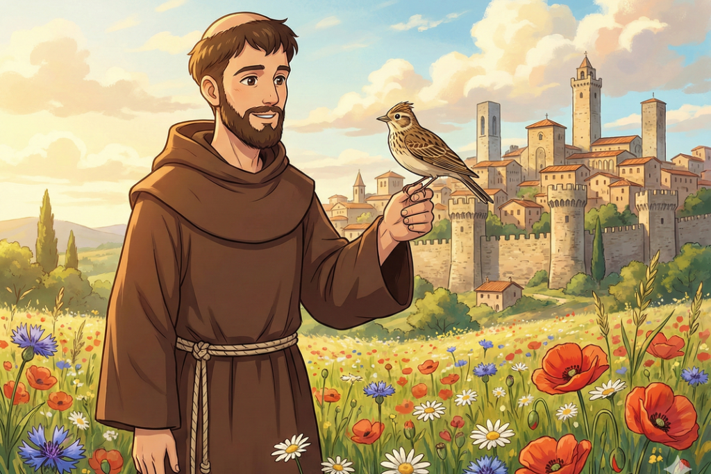 AI-gegenereerd beeld met Franciscus van Assisi en een leeuwerik op zijn vinger.