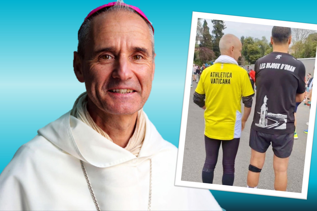 Kardinaal Vesco in dominicanenpij en in outfit Athletica Vaticana naast medeloper Khaled.