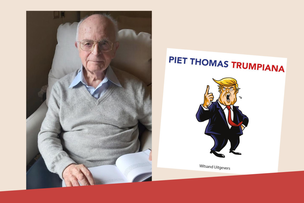 Piet Thomas viert op 20 april 2026 zijn 97ste verjaardag en publiceerde eerder deze maand zijn 100ste boek en een bundel schalkse gedichten over Trump. Piet Thomas met boek op schoot en cover van 'Trumpiana'.