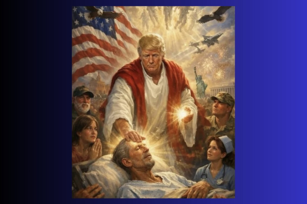 Trump voorgesteld als Jezus die een zieke geneest. Zijdelings kijken mensen bewonderend naar hem op, onder wie een soldaat. Op de achtergrond onder meer een raket.