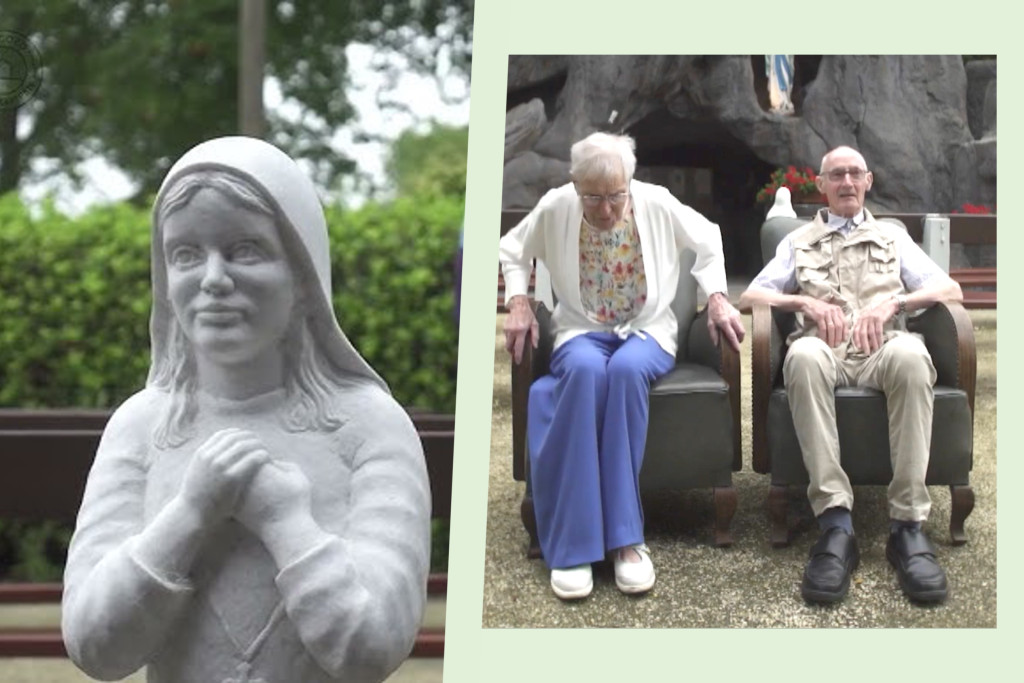Walter en Ursula in de 'Erfgoedstoel'. Links: het beeld van Bernadette bij de Lourdesgrot van het Mariapark in Oostmalle.