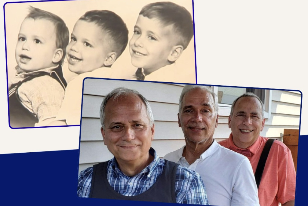 Collage van twee foto's: broers Prevost als kinderen en als volwassenen