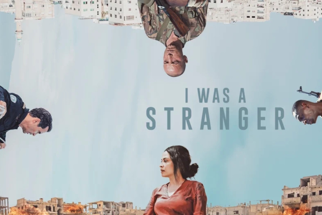 'I Was A Stranger' vertelt de vluchtelingencrisis vanuit verschillende standpunten. Affiche van de film 'I Was A Stranger': op de zijkanten telkens het hoofd van een van de personages.