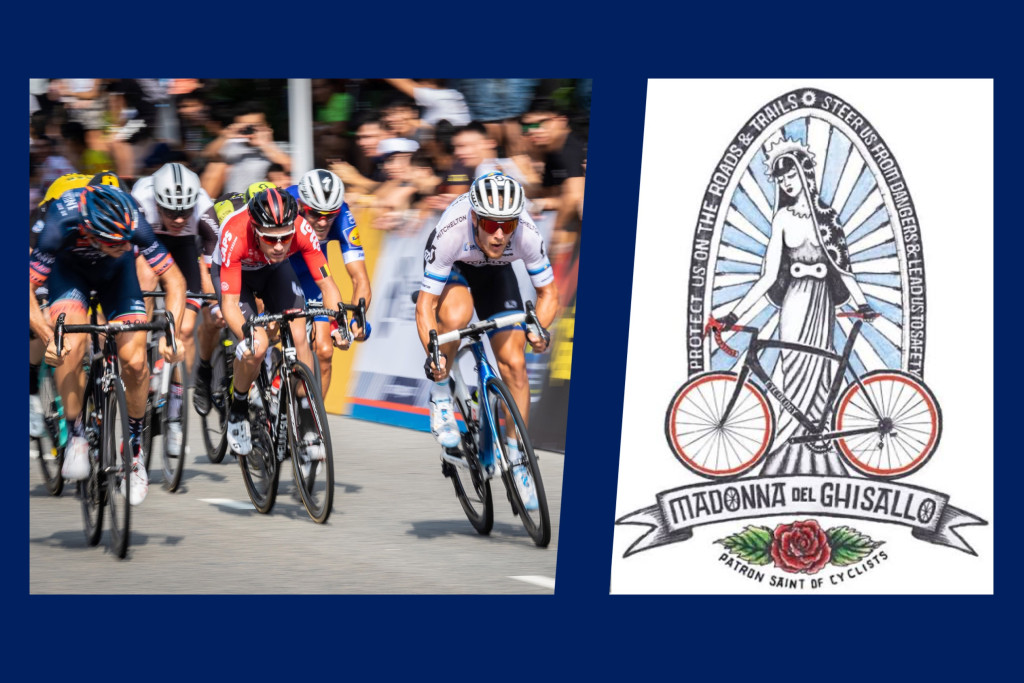 links een beeld van een sprint, rechts de medaille van Madonna van Ghisallo.