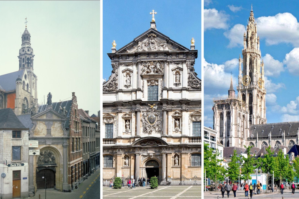 Van links naar rechts: de Sint-Pauluskerk, de Sint-Carolus Borromeuskerk en de Onze-Lieve-Vrouwekathedraal, alle drie in Antwerpen.