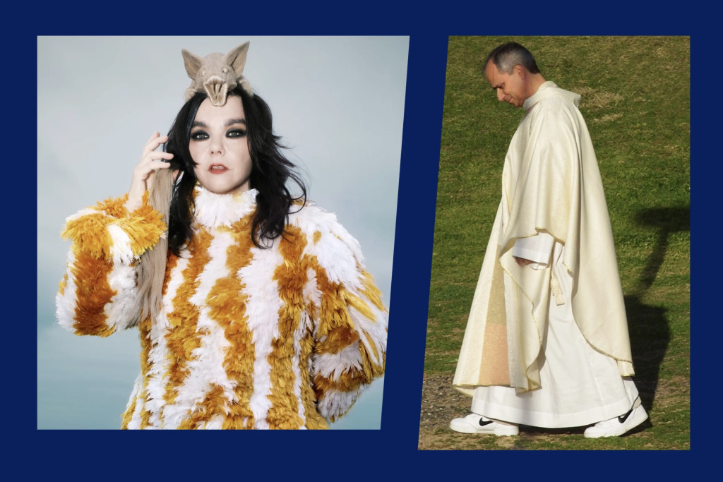 Zanger Björk en paus Leo met Nike-spikes onder zijn witte liturgische kledij.