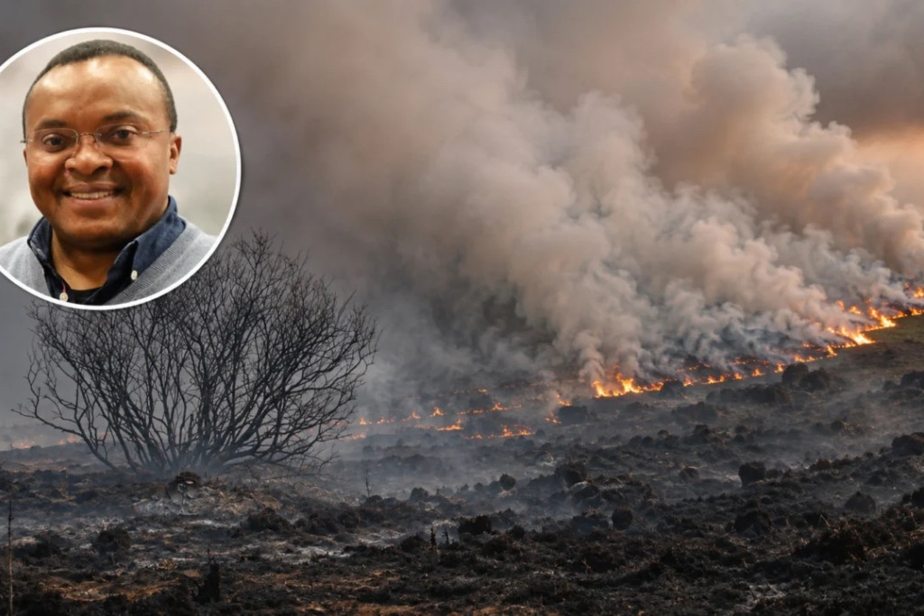 Beeld van de brand in de Hoge Venen met inzetje van het portret van pastoor Vital Nlandu Balenda.