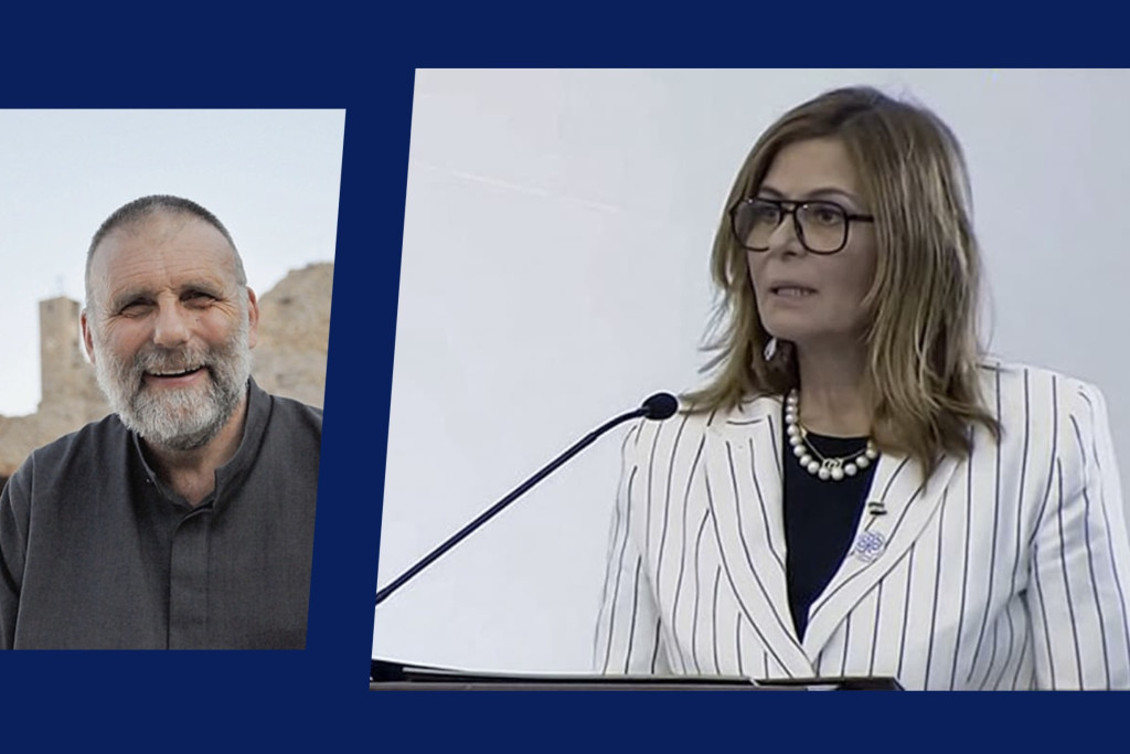 De enige vrouwelijke minister in de regering van Al-Sharaa in Syrië, Hind Kabawat, noemt Paolo Dall'Oglio haar mentor. Collage met portretten van Hind Kabawat en Paolo Dall'Oglio.