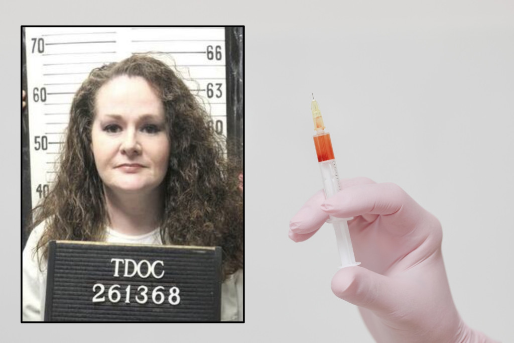 Christa Pike overleefde een dubbele dosis van een dodelijke injectie. Hand met naald voor dodelijke injectie - inzet mugshot van Christa Pike