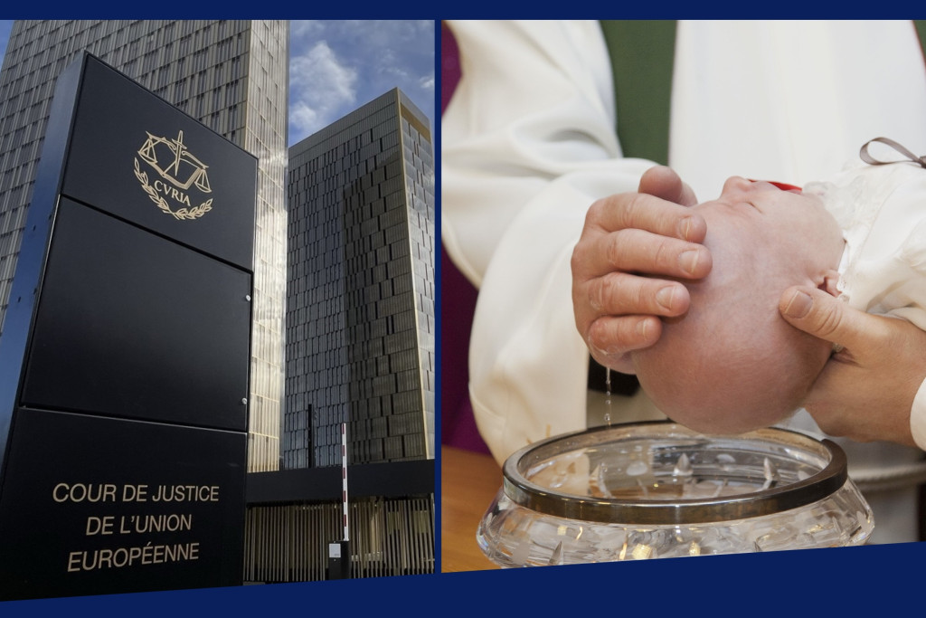EU-Hof van Justitie (links) - beeld van een doopsel (rechts)
