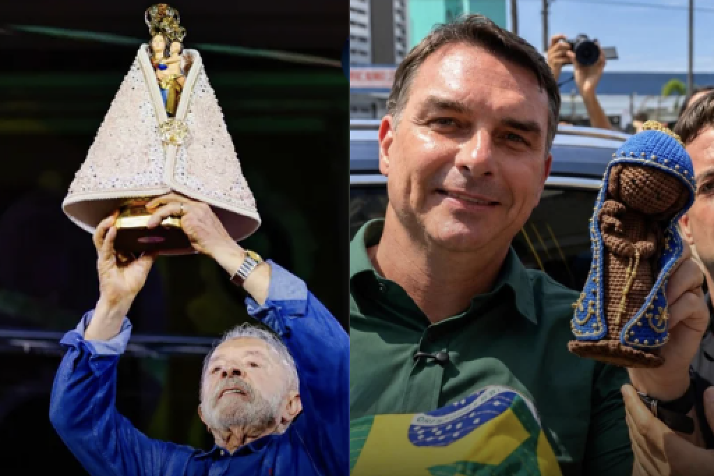Presidentskandidaten Luiz Inácio Lula da Silva (links) en Flávio Bolsonaro (rechts) zetten Maria bewust mee in de strijd.