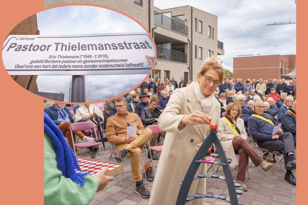 Foto van iemand die een kaarsje aansteekt tijdens het gedenkmoment en van het straatnaambord