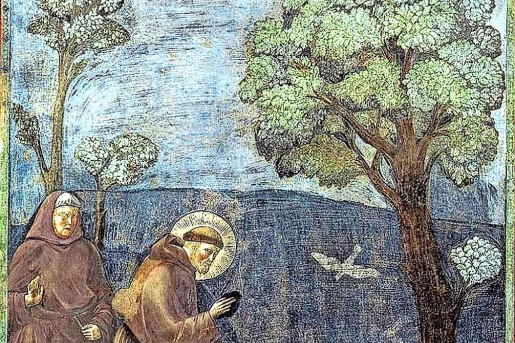 De Italiaanse schilder Giotto vereeuwigde op het einde van de dertiende eeuw Franciscus van Assisi terwijl die spreekt met de dieren. © Publiek domein