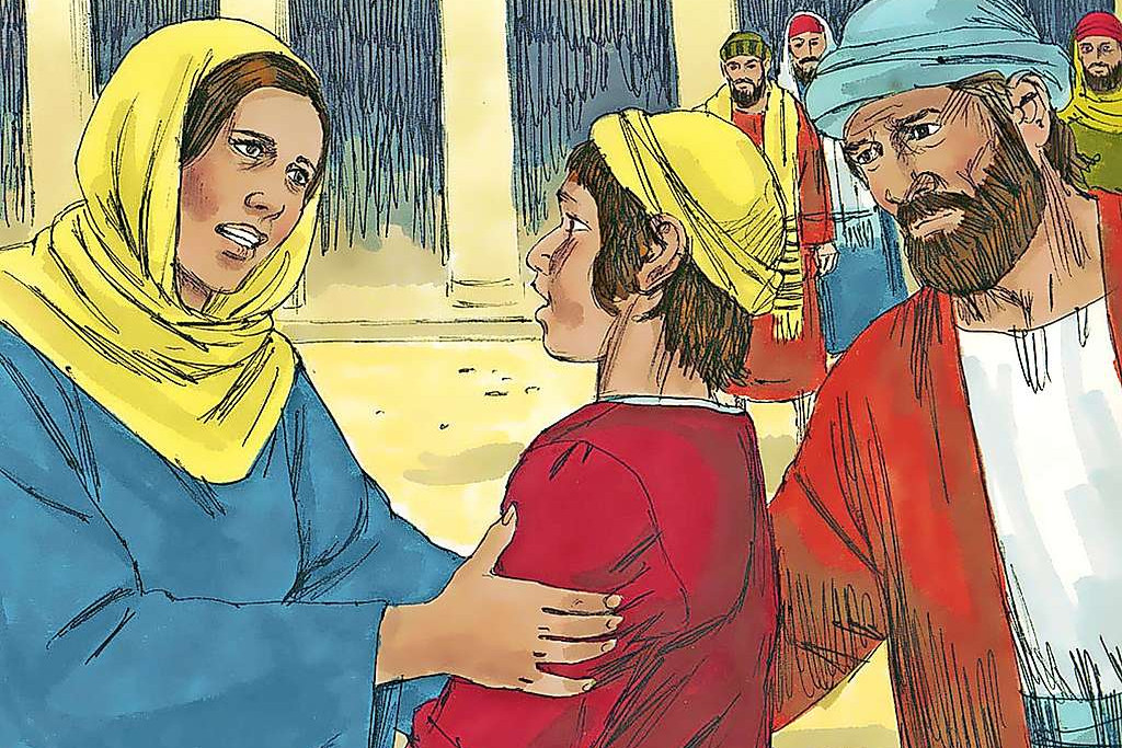 Na drie dagen zoeken vinden Jozef en Maria Jezus in de tempel bij de wetgeleerden. Wanneer zijn moeder hem vermaant, antwoordt Jezus dat hij in het huis van zijn vader moest zijn. © Creative Commons / Sweet Publishing / Jim Padgett