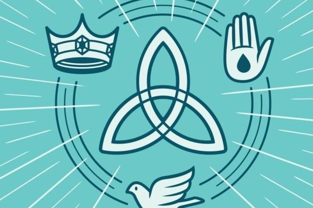 De heilige Drie-eenheid: Vader (kroon), Zoon (hand met stigmata) en heilige Geest (duif), alle drie God en toch verschillend van elkaar. De heilige Drie-eenheid: Vader (kroon), Zoon (hand met stigmata) en heilige Geest (duif), alle drie God en toch verschillend van elkaar.