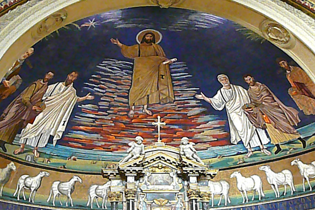 Apsis van de 7de-eeuwse Sint-Cosmas- en Sint-Damianusbasiliek op het Forum Romanum, waar Petrus en Paulus de beide heilige broers aan de Heer voorstellen