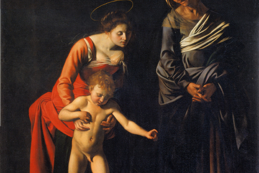 In dit schilderij van Caravaggio vertrapt Maria samen met Jezus de slang die symbool staat voor de erfzonde. De heilige Anna, moeder van Maria, heeft er ook haar aandeel in.