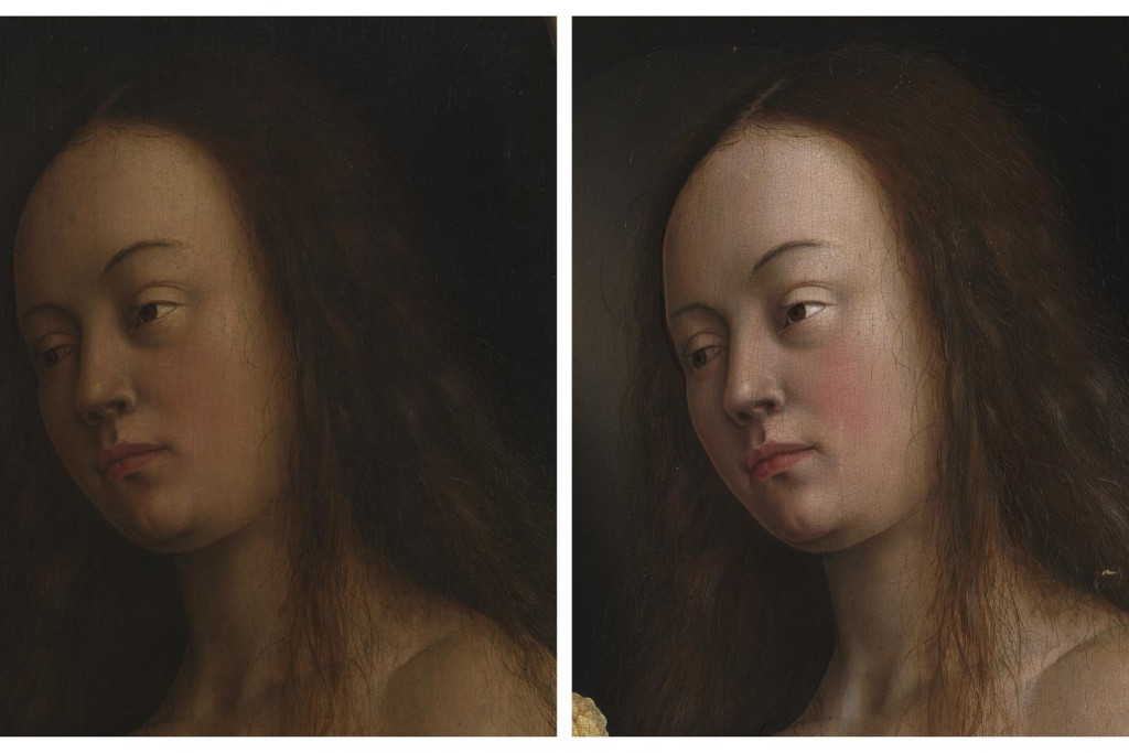 Detail van het hoofd van Eva voor (links) en na (rechts) behandeling.