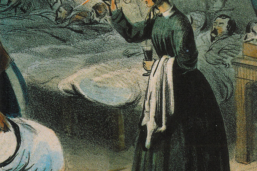 'Lady with the lamp', Florence Nightingale aan het werk in de legerkazerne van Scutari tijdens de Krimoorlog. Door J.A. Benwell, 1855.